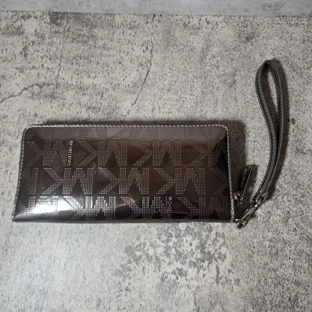 Michael Kors Metallic Zip Around Wallet Silver Mirror Metallic Good Condition